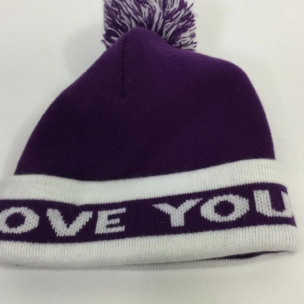 Love Your Melon Unisex Beanie Hat With Faux Pom Purple White